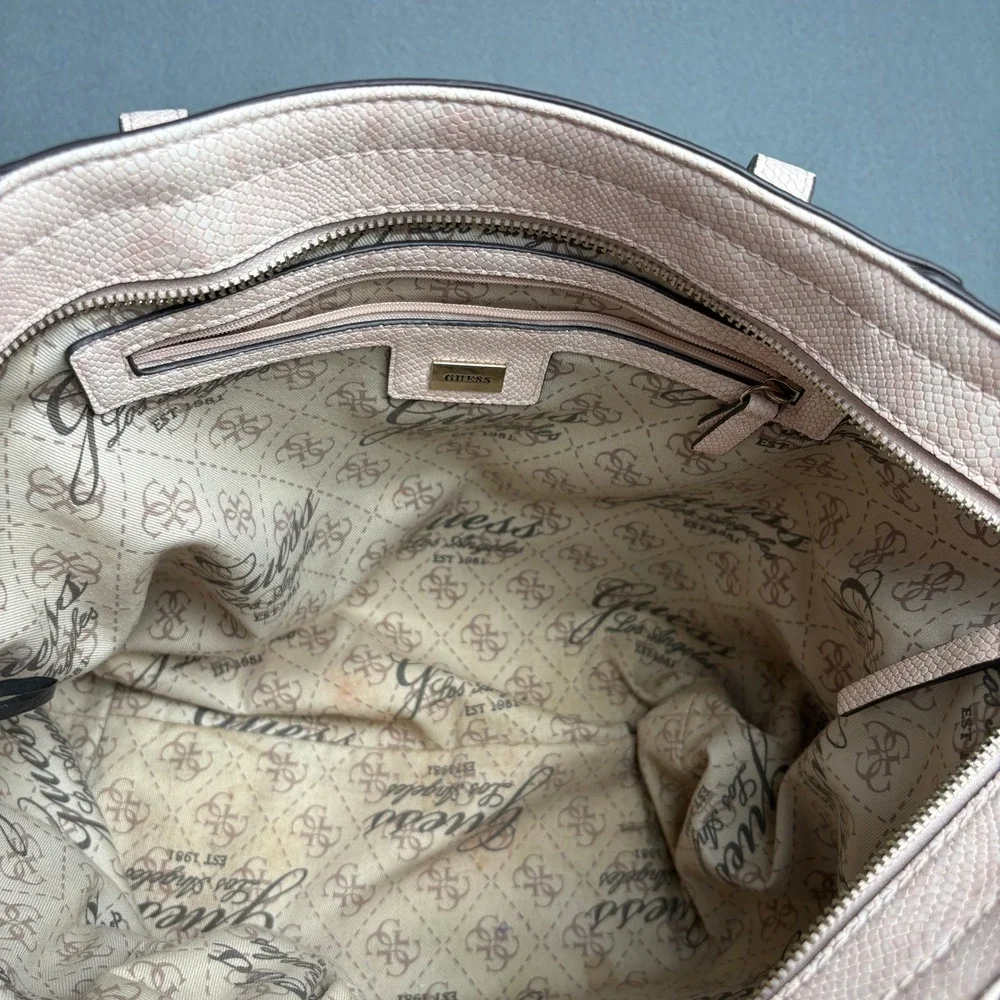 Guess Pink Snakeskin Embossed Tote Bag Zip Top Shoulder Handbag with Charm - Picture 14 of 16